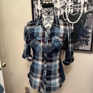 Women Junior Plaid Buttoned Shirt elastic ribs Cotton by CI SONO